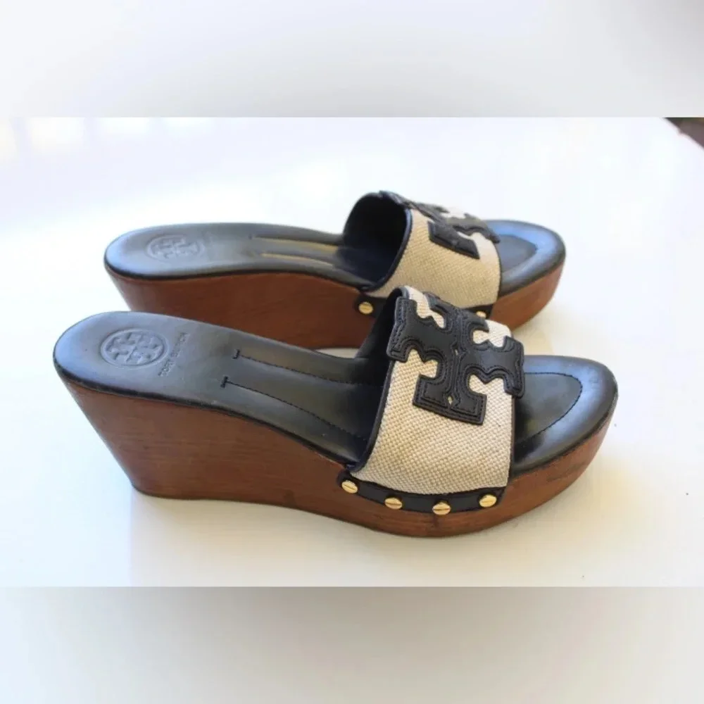 Tory Burch Black Leather and Beige Canvas Wedge Sandals